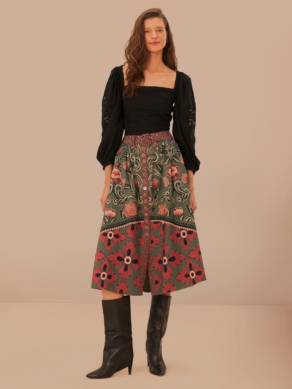 Farm Rio Arabesque Floral Green Buttons Midi Skirt